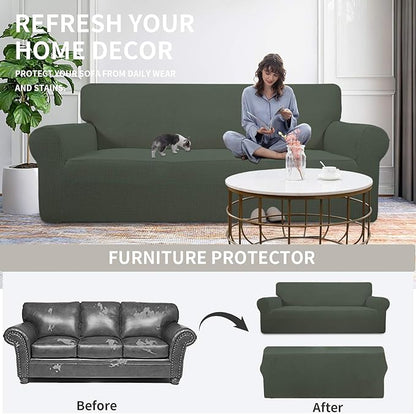 Easy-Going Stretch Loveseat Slipcover 1-Piece Sofa Cover Furniture Protector Couch Soft with Elastic Bottom for Kids Polyester Spandex Jacquard Fabric Small Checks (Loveseat, Olive Green)