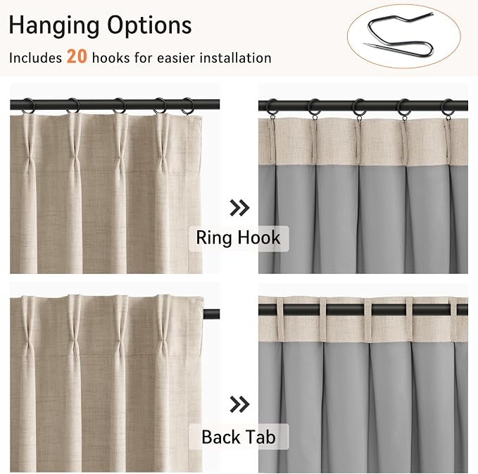 Pinch Pleated Full Blackout Faux Linen Curtains 108 Inches Long | Oatmeal - Image 3