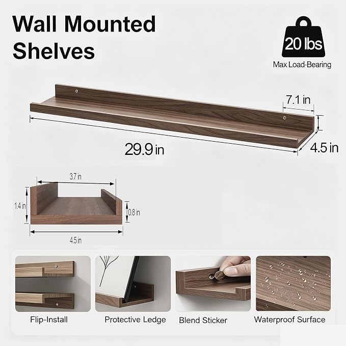 Walnut Floating Shelves for Wall Decor, 30 in Shelf - Image 3