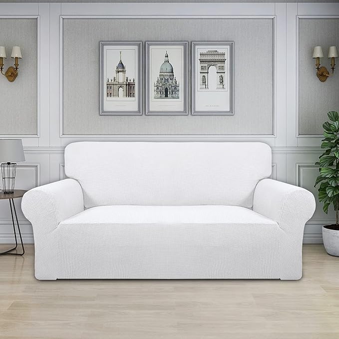 Easy-Going Stretch Oversized Loveseat Slipcover 1-Piece Sofa Cover Furniture Protector Couch Soft with Elastic Bottom for Kids Polyester Spandex Jacquard Fabric Small Checks Snow White