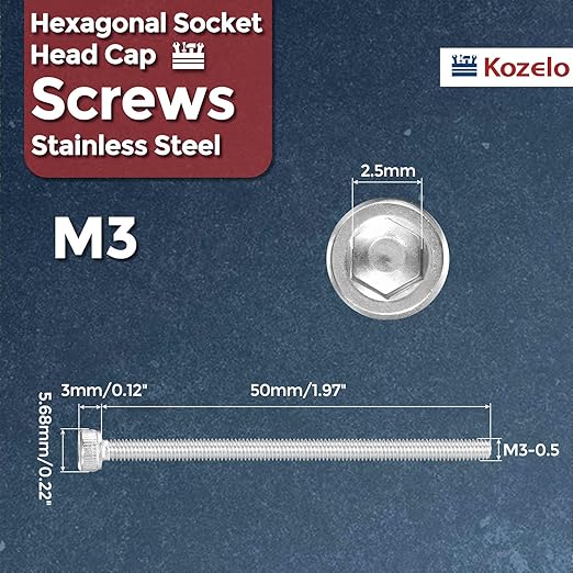 Kozelo 100pcs Socket Head Cap Screws - [M3-0.5 x 50mm] 304 Stainless Steel Allen Socket Drive for Electrical Motor 3D Printing Fan Engine Replacement Use, Silver