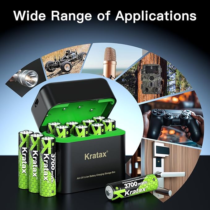 Kratax 12 Count 3700mWh AA Rechargeable Lithium Batteries with Battery Charger, High Capacity Double A li-ion Batteries 1.5v, Long Lasting, Charging Storage Box with AA Lithium Battery Rechargeable
