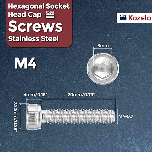 Kozelo 100pcs Socket Head Cap Screws - [M4-0.7 x 20mm] 304 Stainless Steel Allen Socket Drive for Electrical Motor 3D Printing Fan Engine Replacement Use, Silver