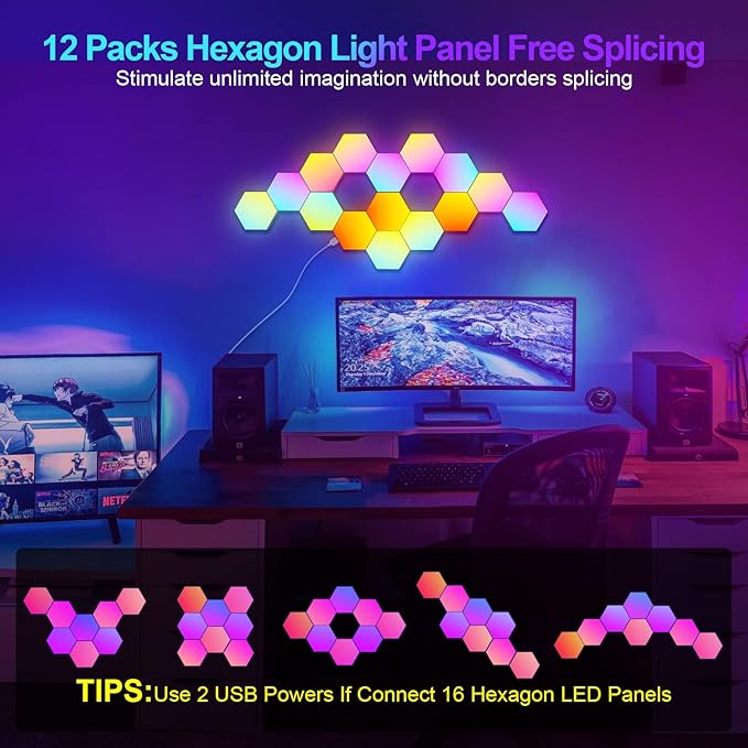 JIMIMORO 12-Pack Hexagon Light Panels – Smart RGB LED Wall Lights with App & Remote – Music Sync Gaming Lights for Room Decor, Birthday & Party Gifts for Boys, Teens, Men, Boyfriends, and Kids