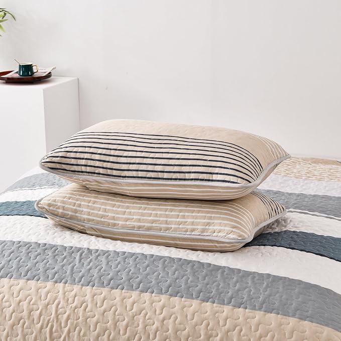 Dinjoy King Boho Striped Quilt Set, Khaki Lightweight Bedspread Bedding | Soft - Image 8