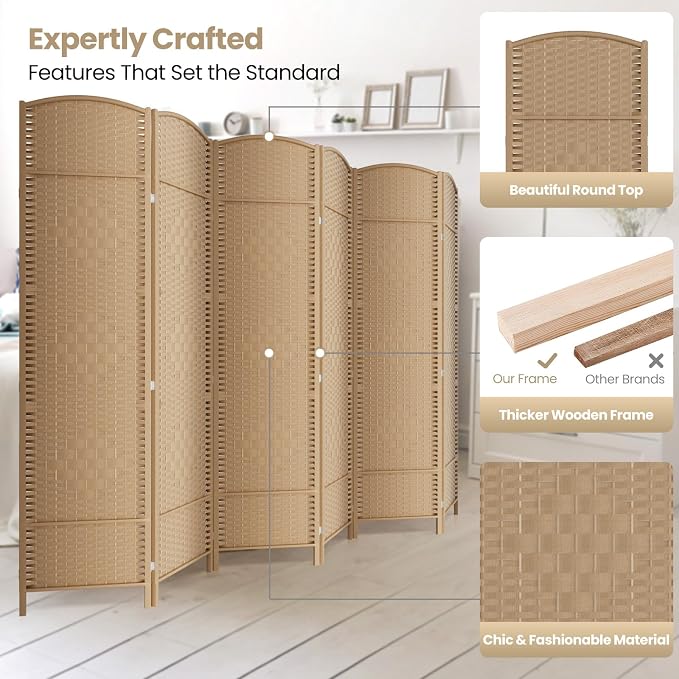 6 Panel Folding Room Divider, Woven Privacy Screen, Light Beige | Solid wood - Image 2