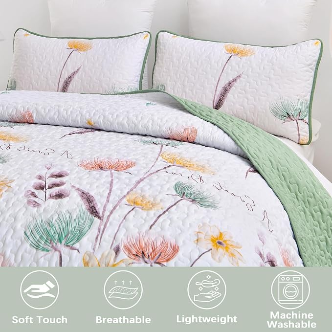 Dinjoy Floral Quilt Set Queen, 3 Pieces Sage Green Botanical Bedspreads | Soft - Image 3