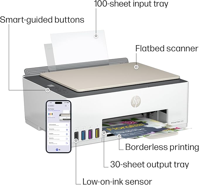 HP Smart Tank 5000 Wireless All-in-One Ink Tank Printer, Scanner, Copier with 2 Years of Ink Included, Best-for-Home, Cartridge-Free, Refillable, AI-Enabled (5D1B6A)