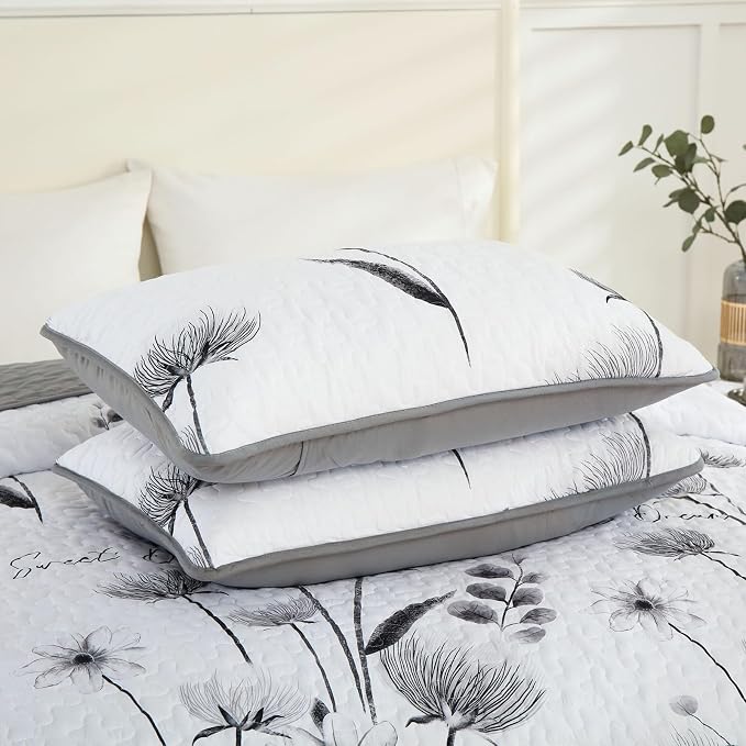 Dinjoy Floral Quilt Bedding Set Queen Size 3 Pieces Grey Flower Bedspread | - Image 8