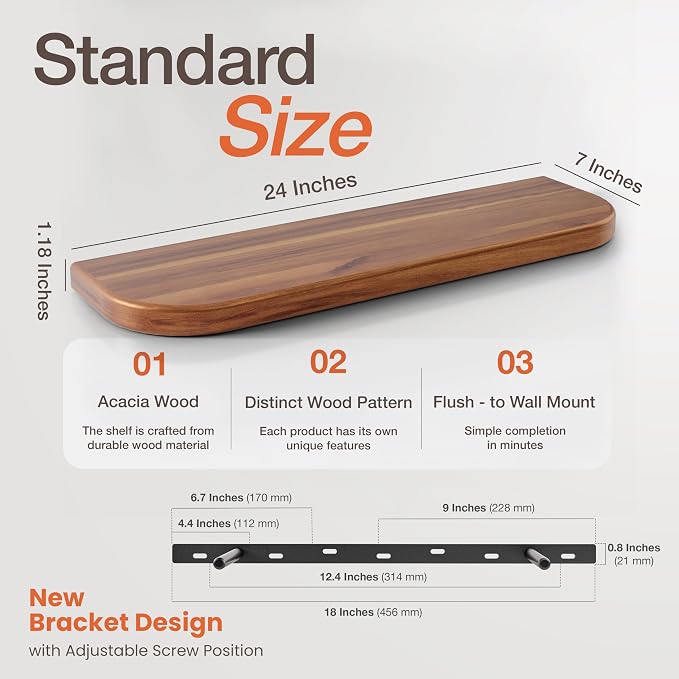 BATODA 24" Acacia Wood Floating Shelves Wall Mounted – Rustic Farmhouse Wooden - Image 2