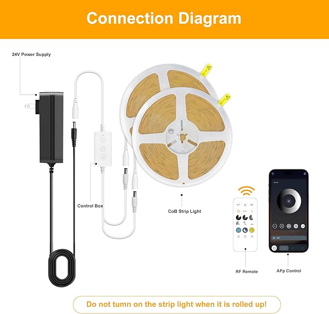 Pandery COB LED Strip Lights Warm White,24V Dimmable led Light Strip KIT with Remote and app Control,2700K 65FT/20m 8mm Wide Ra>90 Cuttable Flexible Strip Lights for Bedroom,Shelf,Cabinet