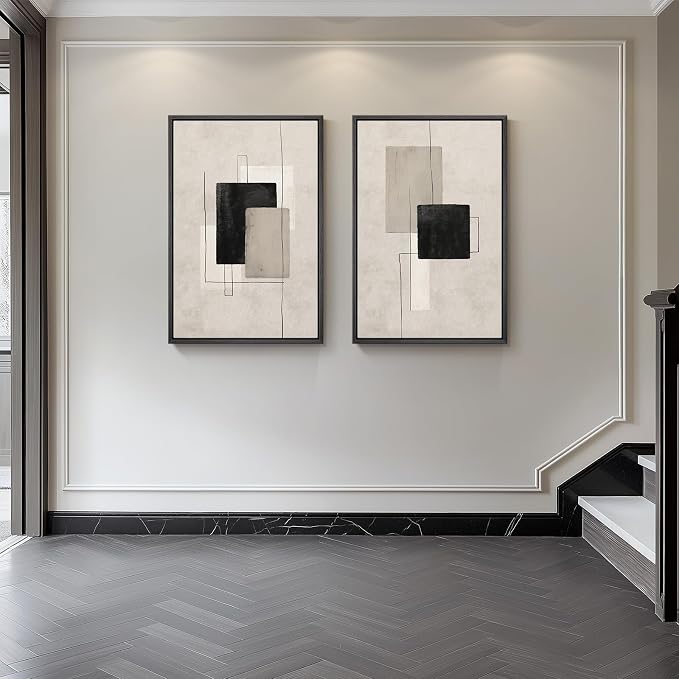 Large Framed Neutral Black Beige Abstract Wall Art Set of 2, Modern Canvas - Image 8