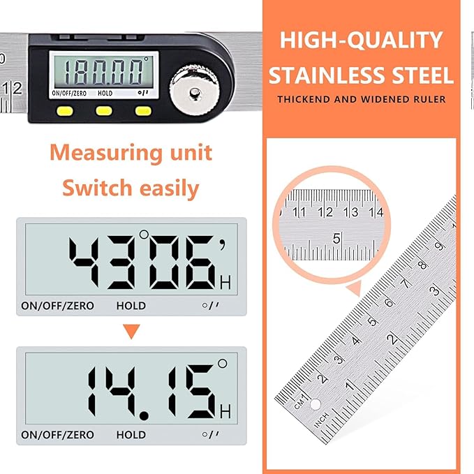 Yanguotool Digital Angle Ruler: 300mm/12-Inch Protractor Finder with Stainless Steel Ruler, Ideal for Woodworking, Construction, Level Measuring