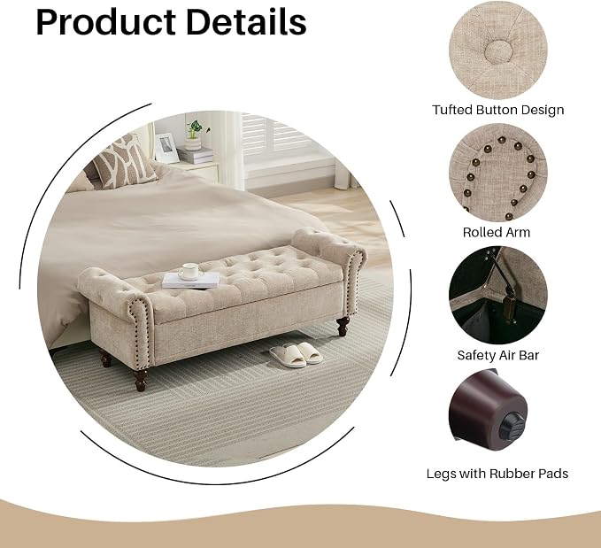 SOFTHION 58.1" Storage Bench for Bedroom, Chenille Cushion, Light Brown | End - Image 4