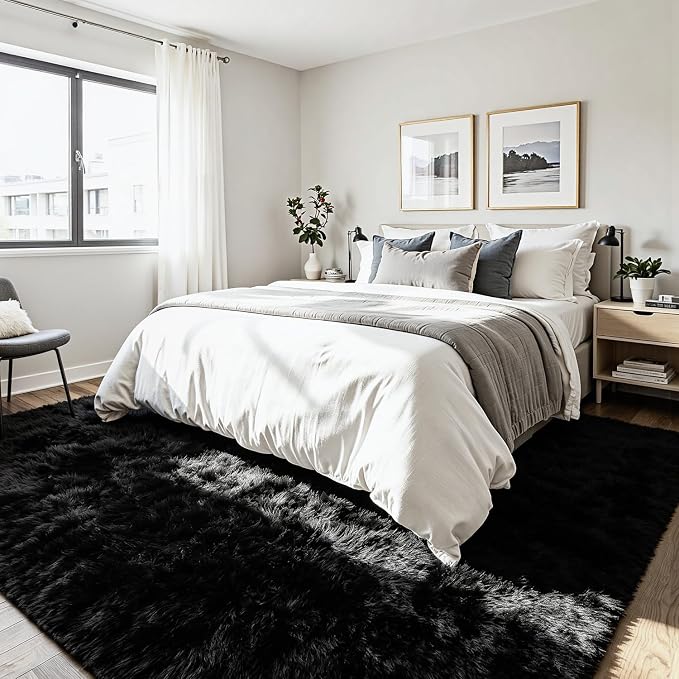 5x7 Fluffy Area Rug for Living Room: Soft Non-Slip Black Bedroom Carpet | Ultra - Image 3
