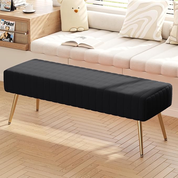 44 Inch Bedroom Bench, Upholstered Tufted Striped Fabric Ottoman Benches - Image 2