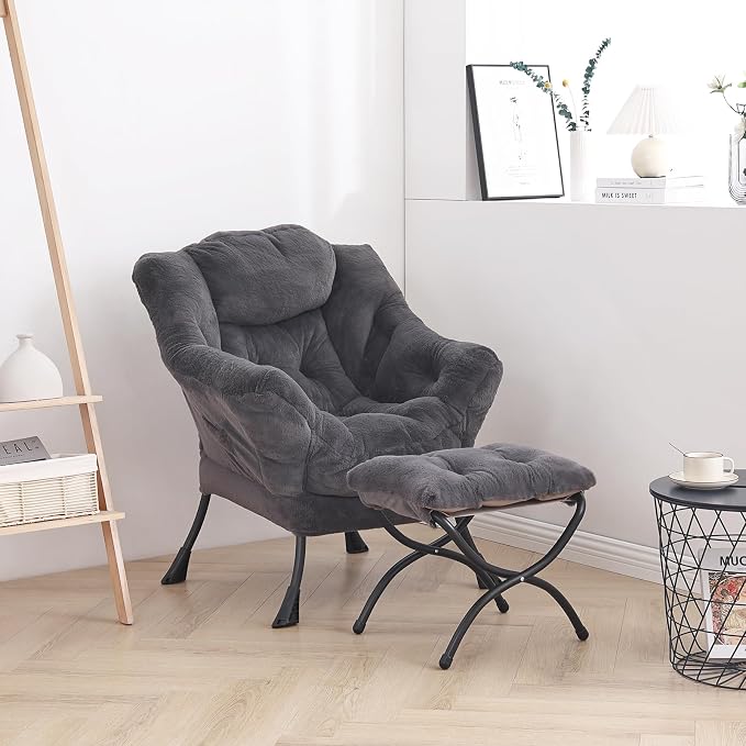 Lazy Chair with Ottoman, Comfy Accent Reading Chair, Plush Navy | Foldable - Image 5