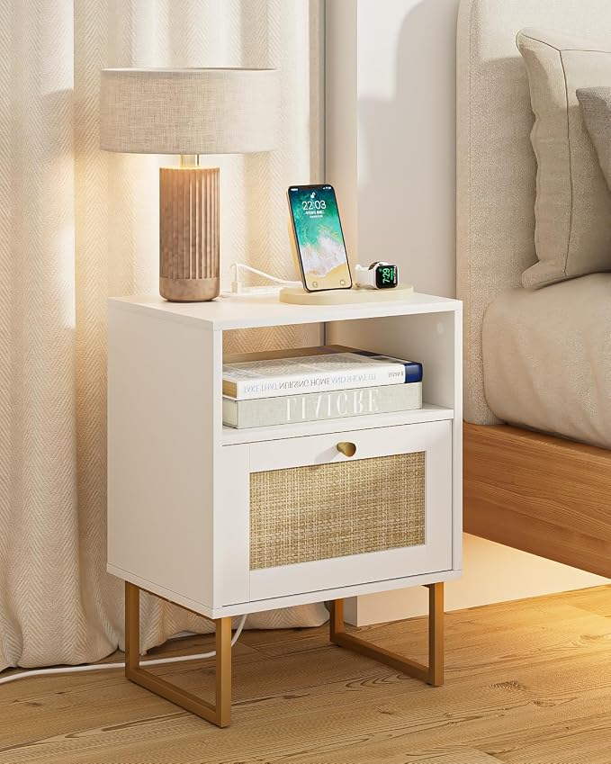 Masupu Rattan Nightstand with Charging Station, Modern Boho Farmhouse Wood - Image 8