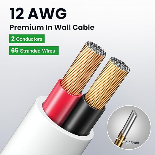 BAHIWOM Fire Safety CL2 Speaker Wire in-Wall & in-Ceiling 12 Gauge Wire 100 FT CCA Cord 2 Conductors Red Black Speaker Cable for Indoor Home Theater System,Car Audio Soft White Jacket