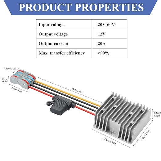 YBBOTT 20A 240W DC 20V-60V Step Down to 12V Converter DC Converter Voltage Regulator Transformer with Fuse Power Adapter for Car Truck Vehicle Boat