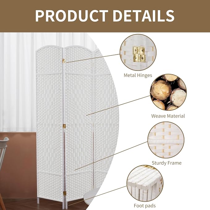 8 Panel Room Divider, 6 FT Wide Folding Screen Room Divider, Off White | Double - Image 5