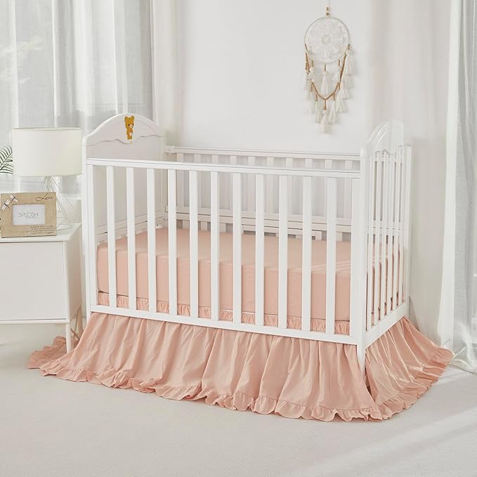 Brandream Boho Bohemian Girl Baby Nursery Crib Bed Skirt Dust Ruffle - Neutral Solid Color Blush Farmhouse Chic 100% Washed Cotton Ruffle