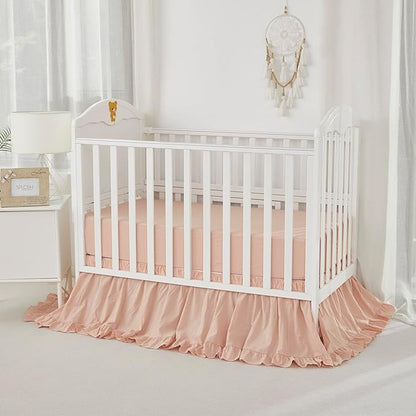 Brandream Boho Bohemian Girl Baby Nursery Crib Bed Skirt Dust Ruffle - Neutral Solid Color Blush Farmhouse Chic 100% Washed Cotton Ruffle