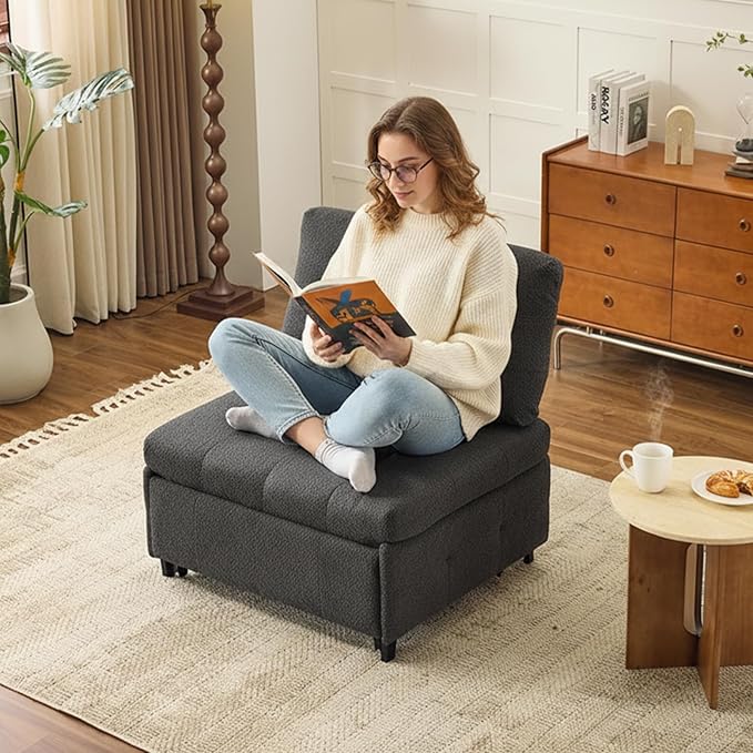 VINGLI Convertible Sofa Bed Tufted Teddy Fleece Sleeper Chair Bed Couch Armless - Image 8