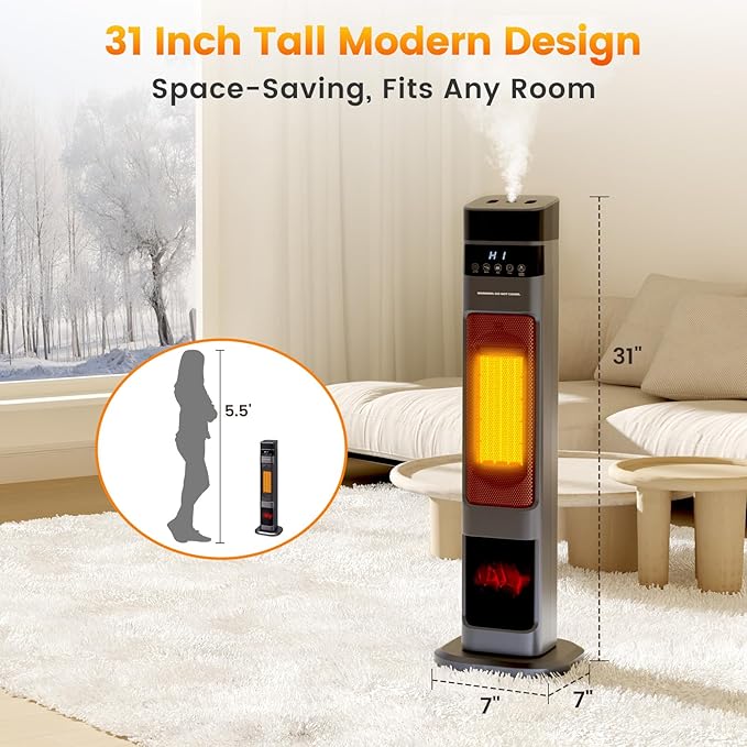 Auertech 31" Space Heater with Humidifier, 3 in 1 Electric Space Heater with 3D Flame, Oscillating Room Heaters with 3 Heating Modes, 12H Timer, Space Heaters for Indoor Use Large Room, Bedroom