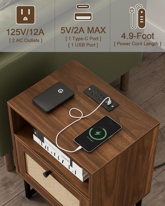 Masupu Rattan Nightstand with Charging Station, Modern Boho Farmhouse Wood - Image 4