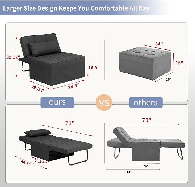 Sofa Bed, Convertible Chair 4 in 1 Multi-Function Modern Folding Ottoman Guest - Image 2