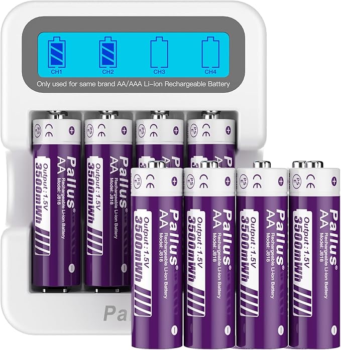 Pallus 1.5v Lithium AA Rechargeable Batteries - 8 Pack Long Lasting 3500mWh Rechargeable AA Batteries, Double A Batteries with LCD Charger for Blink Camera, High Capacity, Cycle Times up to 1600