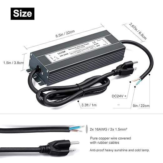 LLTOP LED Power Supply 24V 8.3A 200W LED Driver AC90-130V to 24VDC Converter Low Voltage Transformer Waterproof for Indoor Outdoor LED Lighting