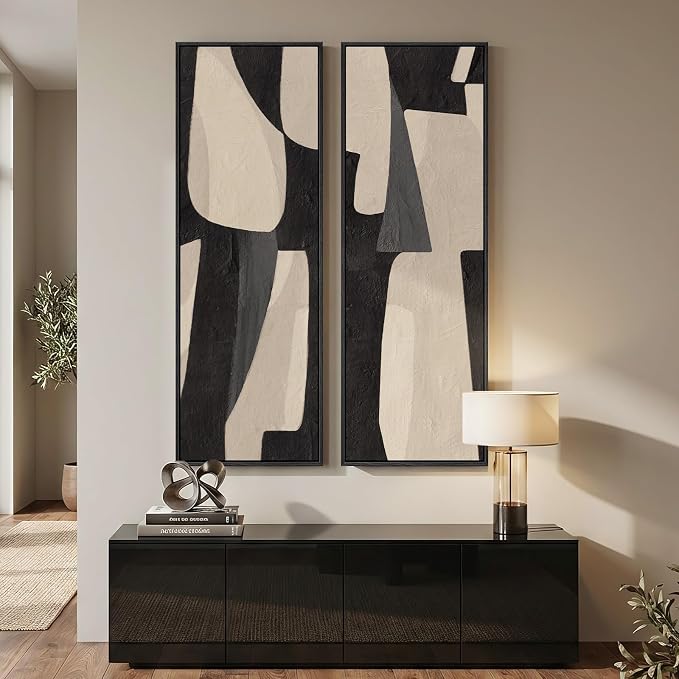 Framed Black Beige Abstract Long Vertical Wall Art - Image 3