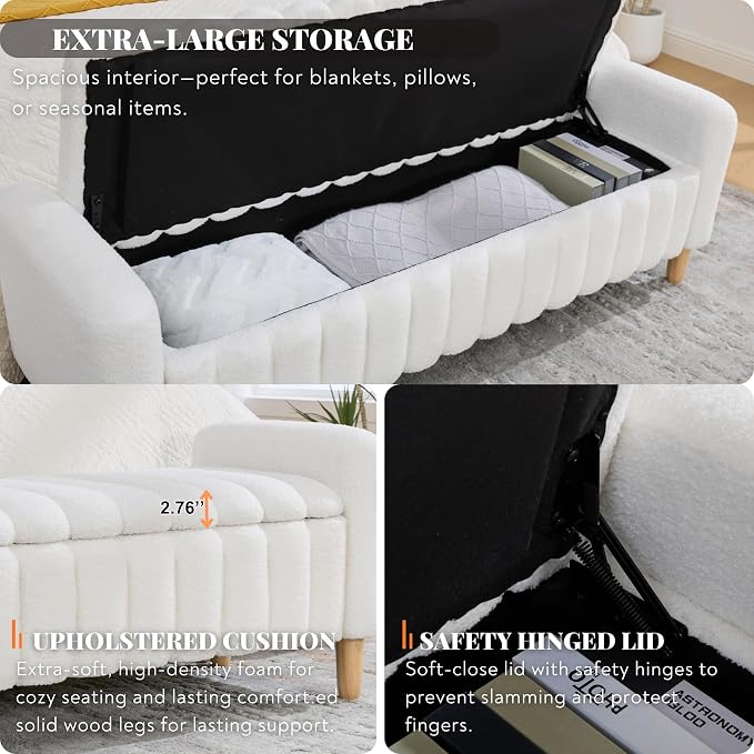 63.4" Cute Teddy Fabric Ribbed King Size End of Bed Bench. | Entryway Ottoman - Image 3