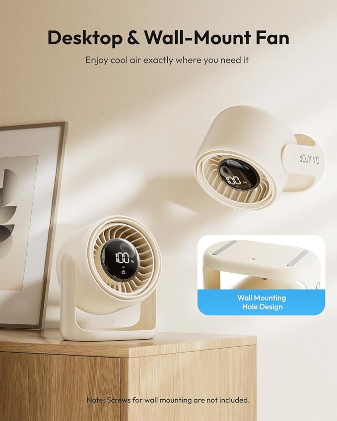 Gaiatop Desk Fan, Touch Control LED Display Small Portable Fans, 5 Speeds Strong Wind, Ultra Quiet Rechargeable 4000mAh Battery Operated Table Desktop for Bedroom, Office (White Beige)