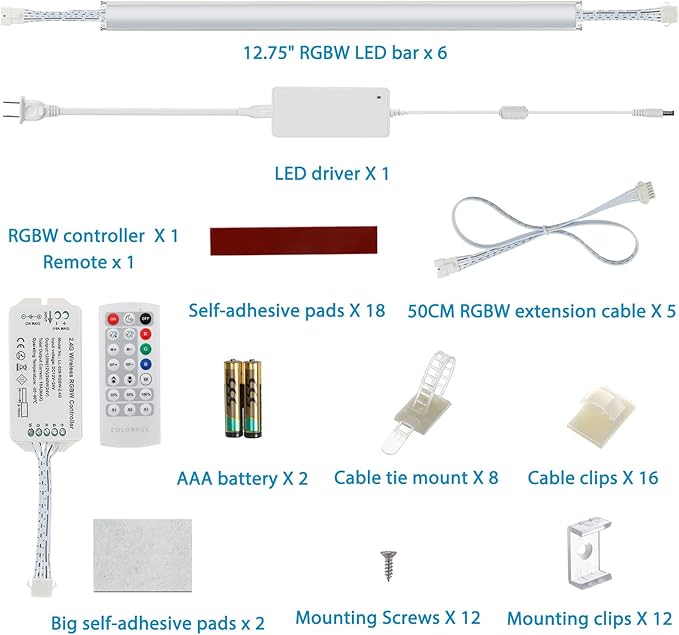Litever Under Cabinet LED Lighting Kit. RGB Color & Bright Warm White Light. Slim Linkable LED Light Bars with Power Adapter, Controller, Extension Cords. Max 24W. Dimmable. Plug in. RGB + 3000K.