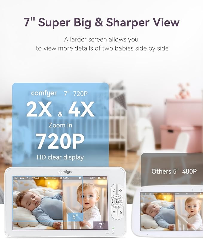 Comfyer 7" HD Split-Screen Baby Monitor with 2 1080P Cameras, 48 Hrs 6000mAh Battery Runs 2 Days in VOX Mode, No WiFi Monitor with a Flexible Bracket, 2 Way Audio, Remote PTZ, Auto Night Vision