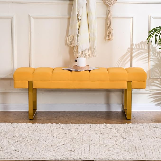 46" Velvet Bench with Gold Leg for Bedroom Window End of Bed Mustard Yellow | - Image 3