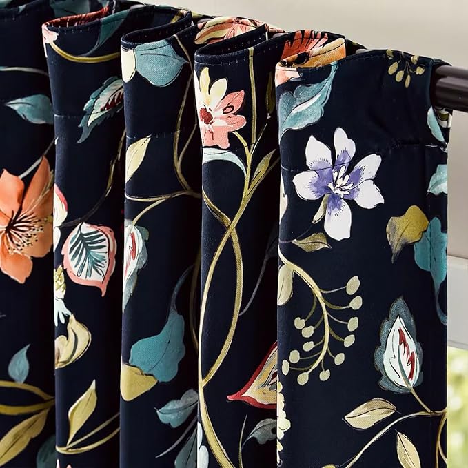 jinchan Dark Blue Floral Blackout Curtains 84 Inch Back Tab 2 Panels | Room - Image 7