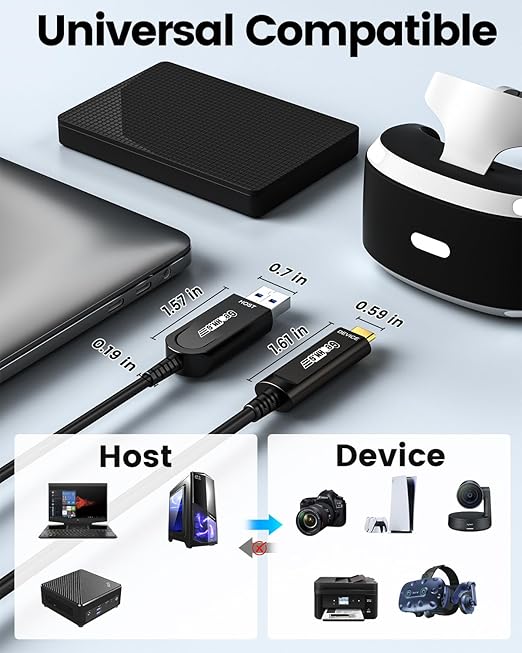 GeoHN.G USB A to USB C Fiber Optic Cable 50M/165FT, USB 3.2 10Gbps Long Distance Data Transfer USB C Extension Cable for VR, Camera, Mini PC, Laptop, Webcam, Printer and More