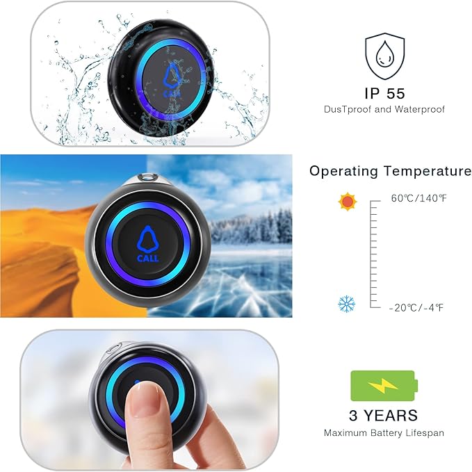 Caregiver Pager, Wireless Call Button for Seniors/Elderly at Home, 2 SOS Buttons + 1 Receiver Medical Life Alert System, Emergency Panic Call Bell, Nurse Calling & Patient Assistance Alarm