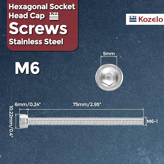 Kozelo 5pcs Socket Head Cap Screws - [M6-1 x 75mm] 304 Stainless Steel Allen Socket Drive for Electrical Motor 3D Printing Fan Engine Replacement Use, Silver