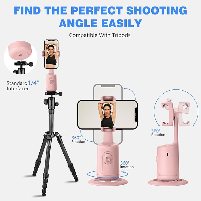 Auto Face Tracking Tripod, 360° Rotation Face Body Phone Camera Mount Smart Shooting Phone Tracking Holder with Remote,No App, Gesture Control,Smart Shooting Holder for Vlog, Streaming,Tiktok-Pink