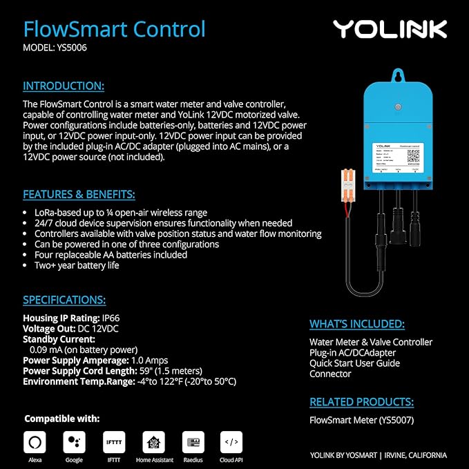 NSF Certified Pulse Meter + Shutoff Valve Kit, 3/4", FlowSmart Controller YS5006 Reads Meter Pulses, Real-Time Usage & Leak Detection, Auto Shutoff (D2D Offline), LoRa Long Range, Hub Included