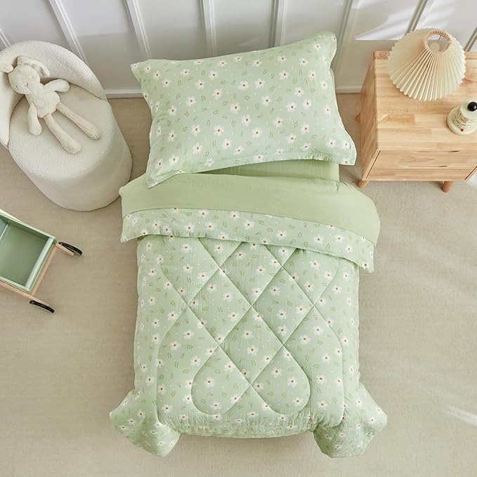 DuShow Green Floral Toddler Bedding Set,4 Pieces Toddler Crib Bed Sheet Set for Girls and Boys,Soft Toddler Comforter Set Includes Comforter,Flat Sheet,Fitted Sheet,Pillowcase