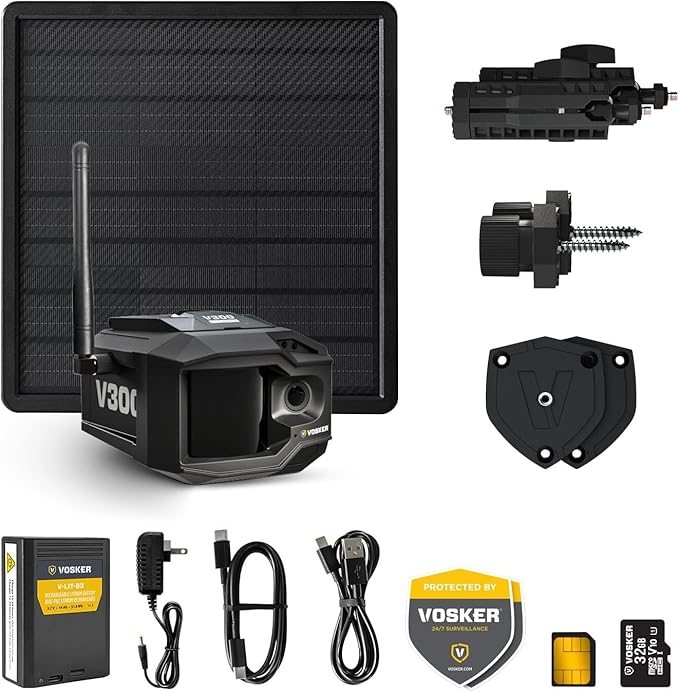 Vosker V300 Ultimate Farmers Pack Outdoor Security Camera with External Solar Panel for Farms Pastures and Greenhouses 4G LTE Black Single Unit with Battery