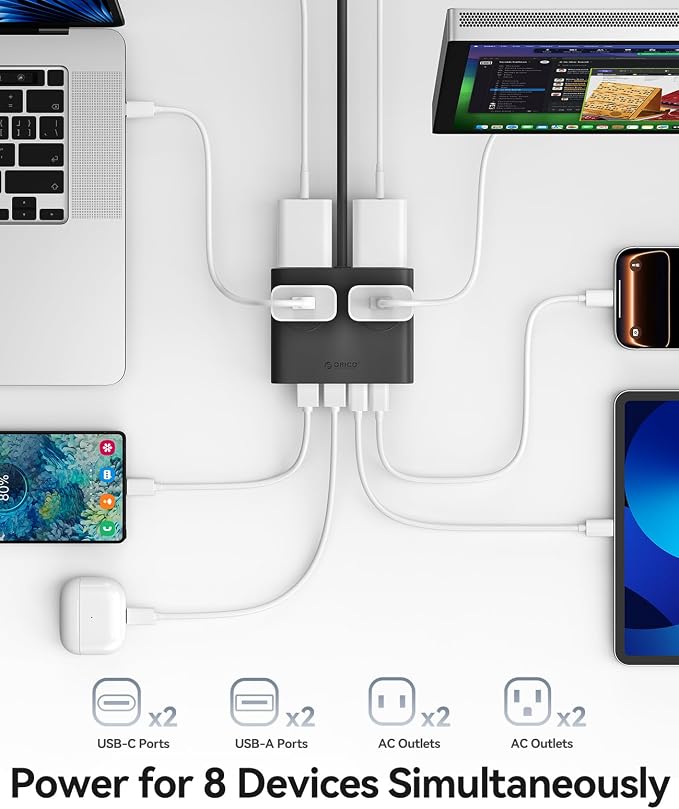 ORICO 25W GaN Power Strip with USB Ports, 8-in-1 Charging Station | with 4 AC - Image 2