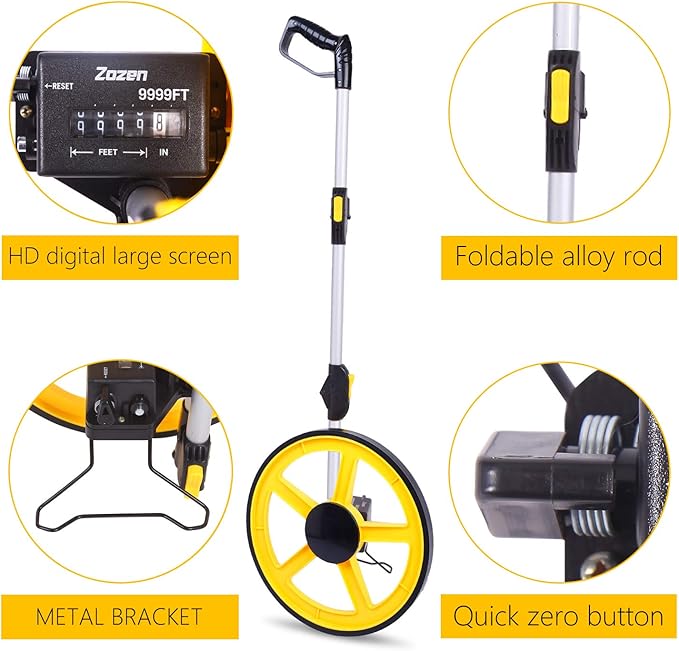 Zozen Measuring Wheel, Folding Portable Distance Measuring in Feet, Double Collapsible | One Key to Reset/Kickstand to Keep Stand/Starting Point Arrow and Cloth Carrying Bag, [0-9,999 Ft].