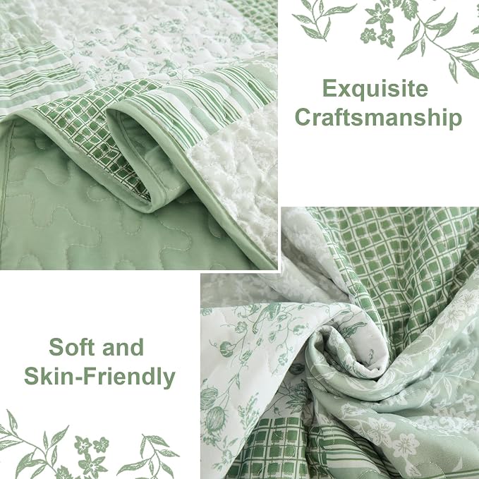 Mybedsoul Light Green Quilt Set Twin Size Dorm Bedding, 2 Pieces Plaid Floral - Image 5